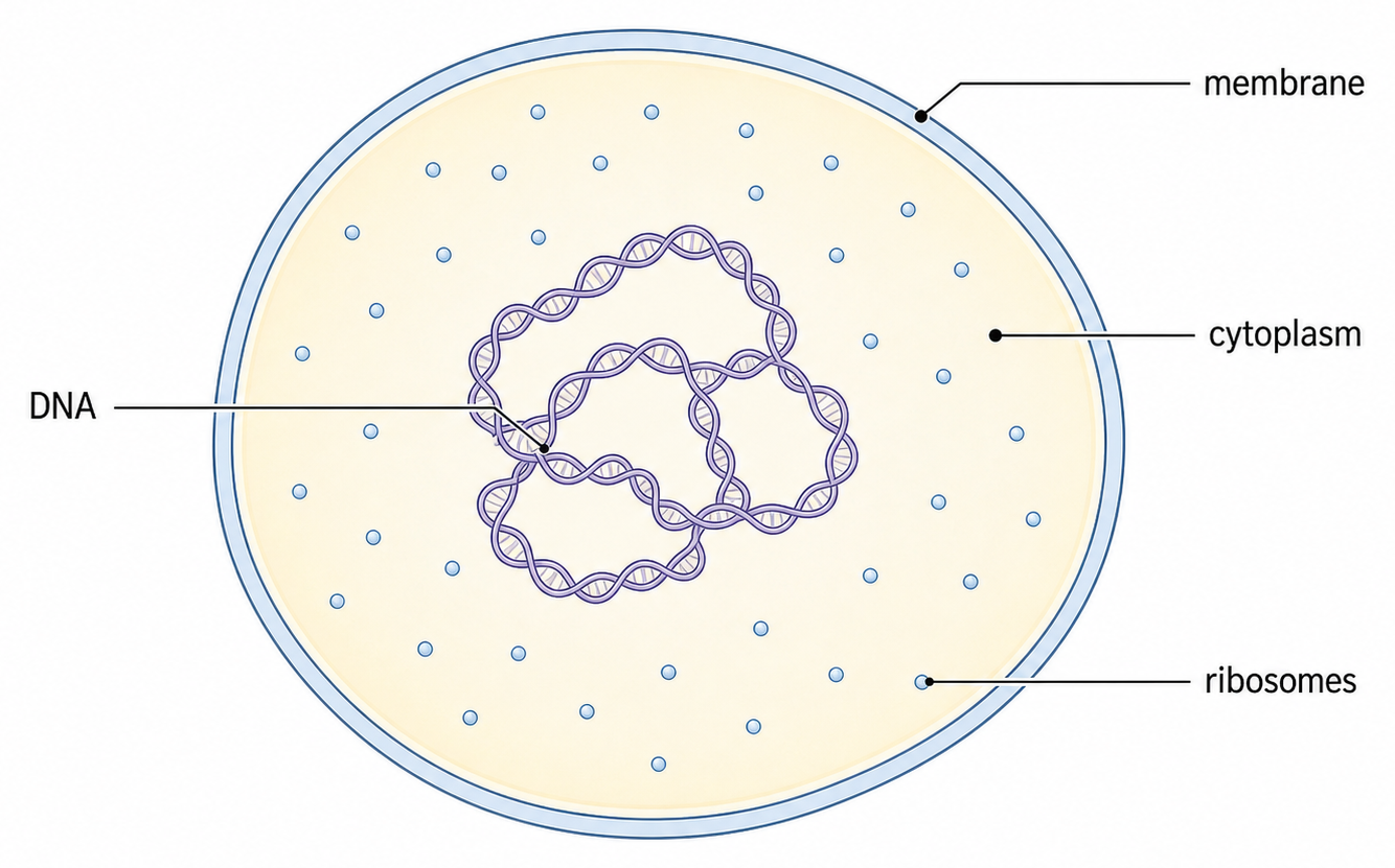 A generic cell shows the four universal components: plasma membrane, cytoplasm, DNA and ribosomes.