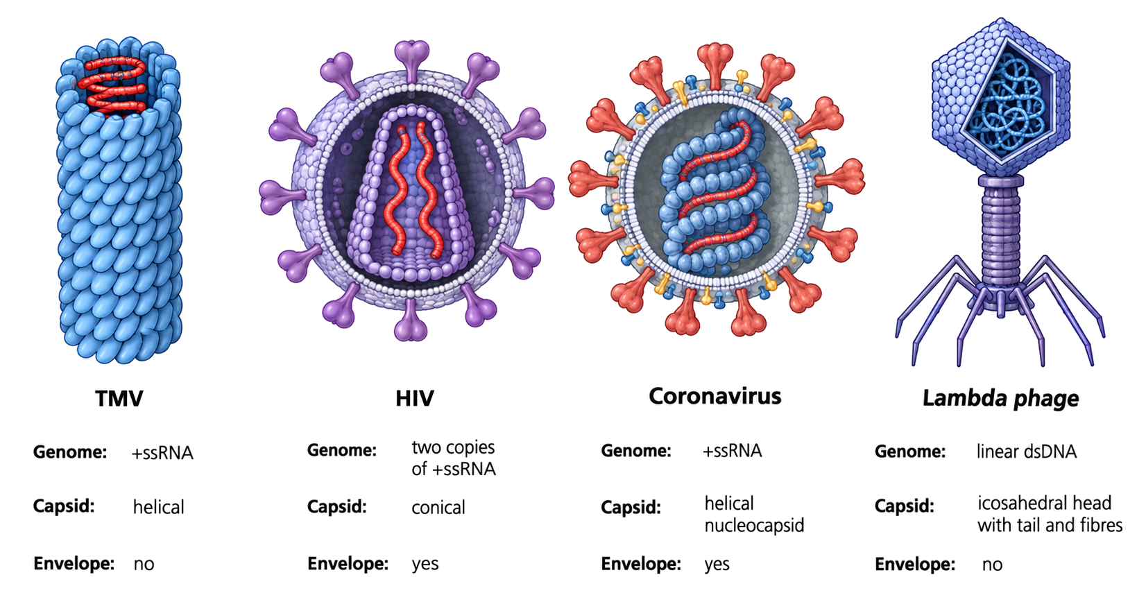 TMV, HIV, coronavirus and lambda phage are compared by genome, capsid form and presence or absence of an envelope.