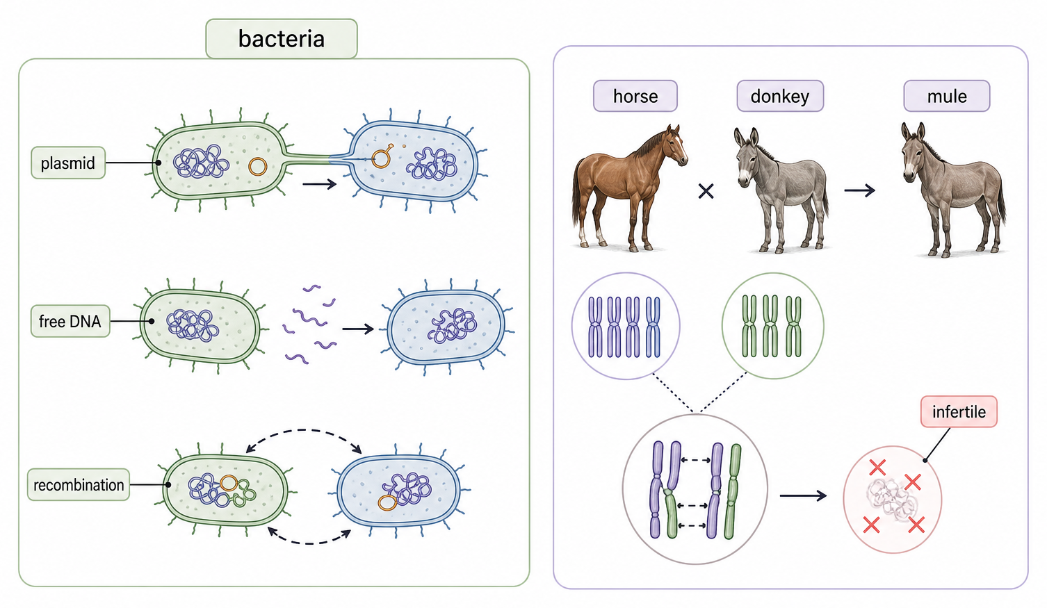 A compact contrast panel. Left side: bacteria exchanging genes by transformation, plasmids, and recombination, showing why interbreeding is the wrong test. Right side: horse and donkey producing an infertile mule, with a note that chromosome-number mismatches can block fertile hybrids.