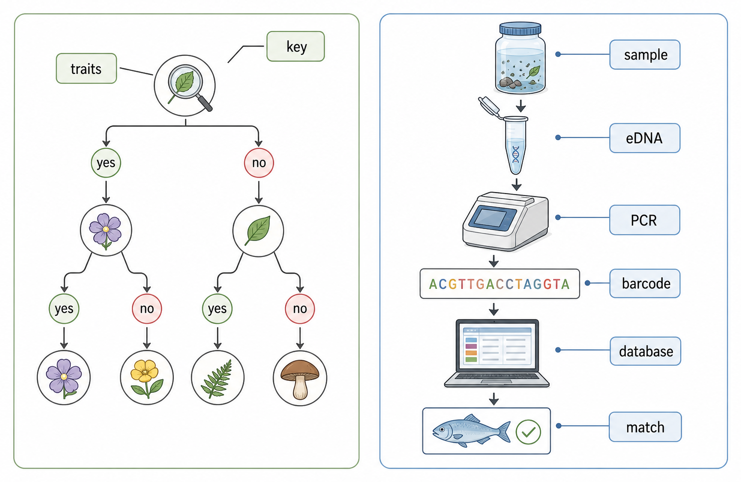 A split workflow visual. Left side: a branching dichotomous key built from observable local traits. Right side: an eDNA barcoding pipeline showing environmental sample, PCR amplification, barcode sequence, and database match.