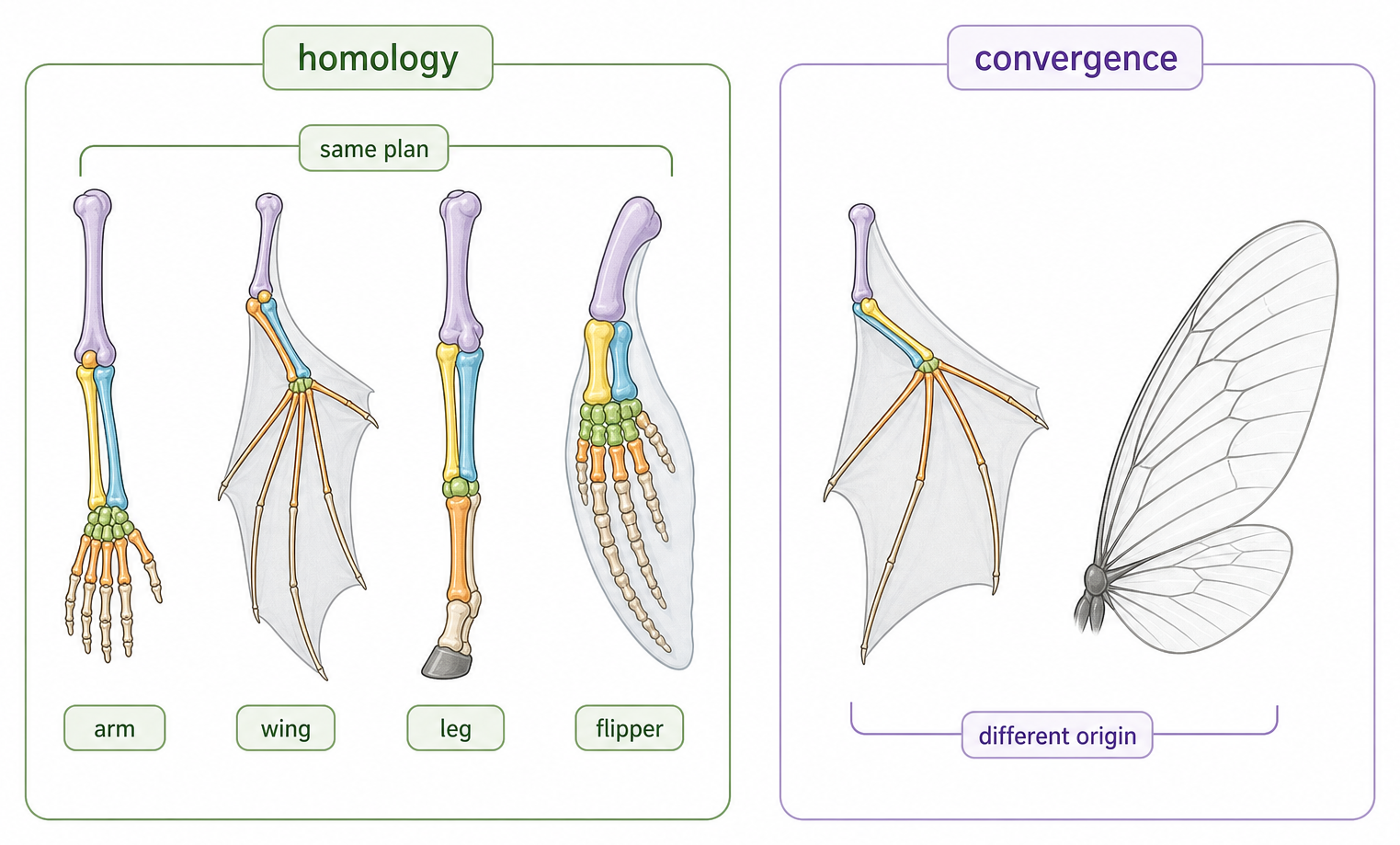 A split visual. Left side compares vertebrate pentadactyl limbs with the same basic bone plan adapted for different functions such as grasping, flight, running, and swimming. Right side compares bat and insect wings to show similar function but different evolutionary origins.