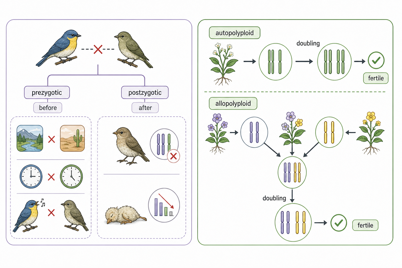 A compact two-part visual: prezygotic versus postzygotic barrier examples on one side, and an autopolyploid/allopolyploid chromosome-doubling pathway with Persicaria on the other.