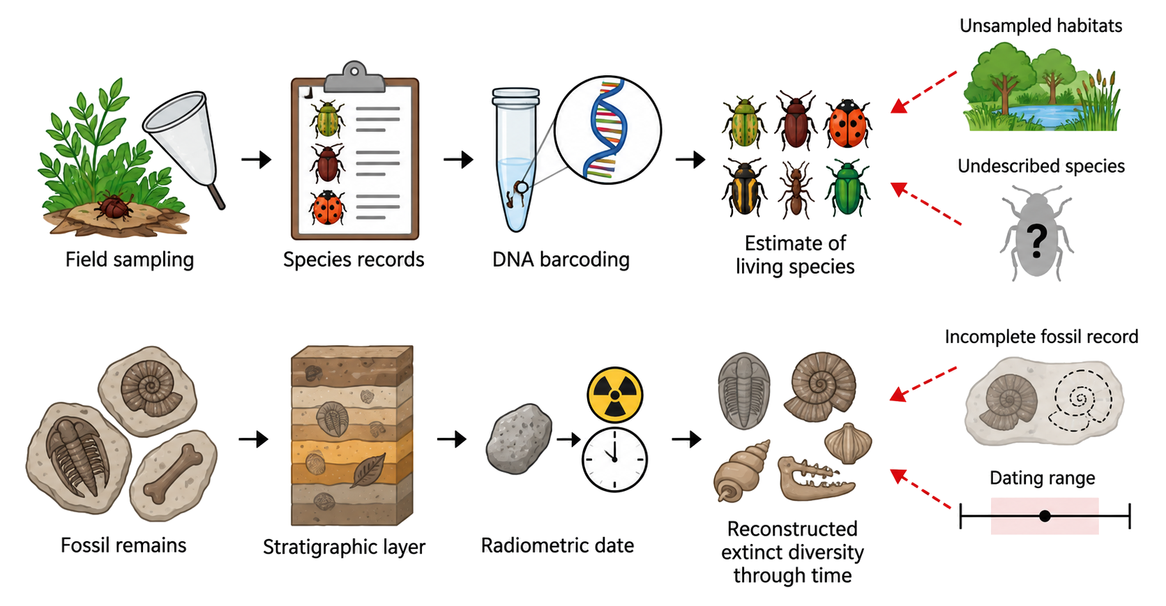 Parallel evidence pathways show field sampling, records and DNA barcoding for living species, and fossils, strata and radiometric dates for past diversity; both contain sampling gaps.