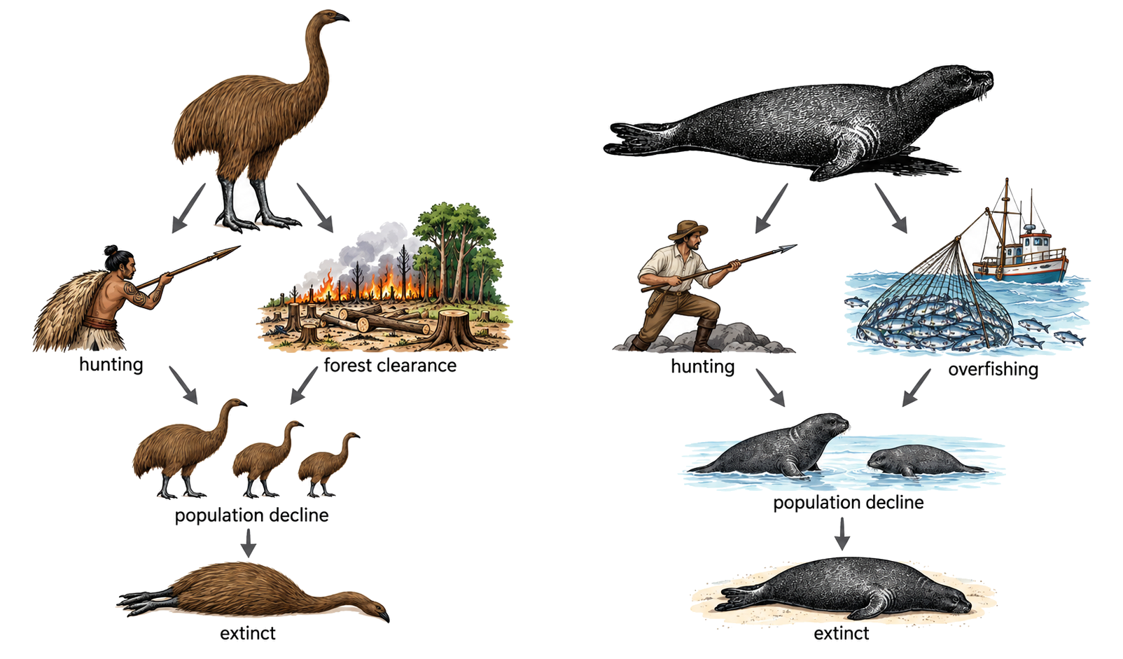 Two causal chains link hunting and habitat clearance to moa extinction, and hunting plus overfishing to Caribbean monk seal extinction.