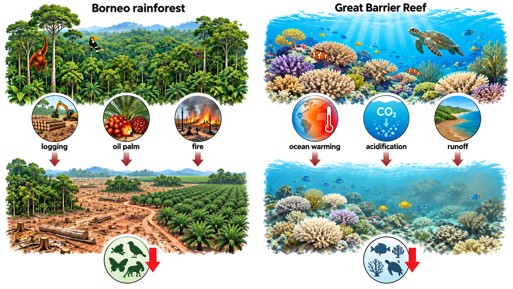 Borneo rainforest pressures and Great Barrier Reef pressures lead to loss of terrestrial and marine community structure.