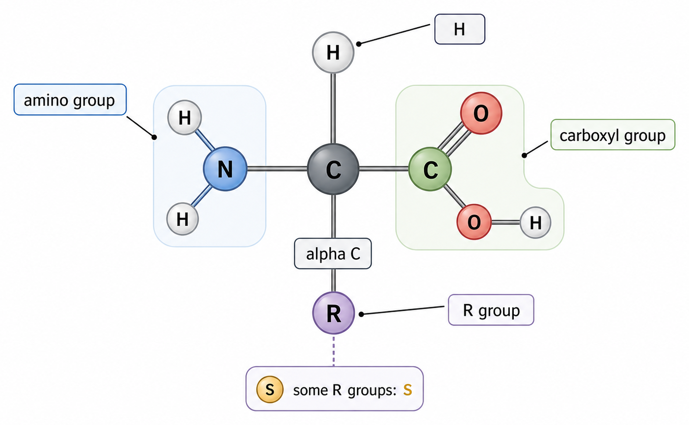 Clean mobile-friendly diagram of a generalized amino acid with a central alpha carbon and labelled amine group, carboxyl group, hydrogen, and R-group. Add a small note that sulfur is present in some amino acids and therefore in many proteins.
