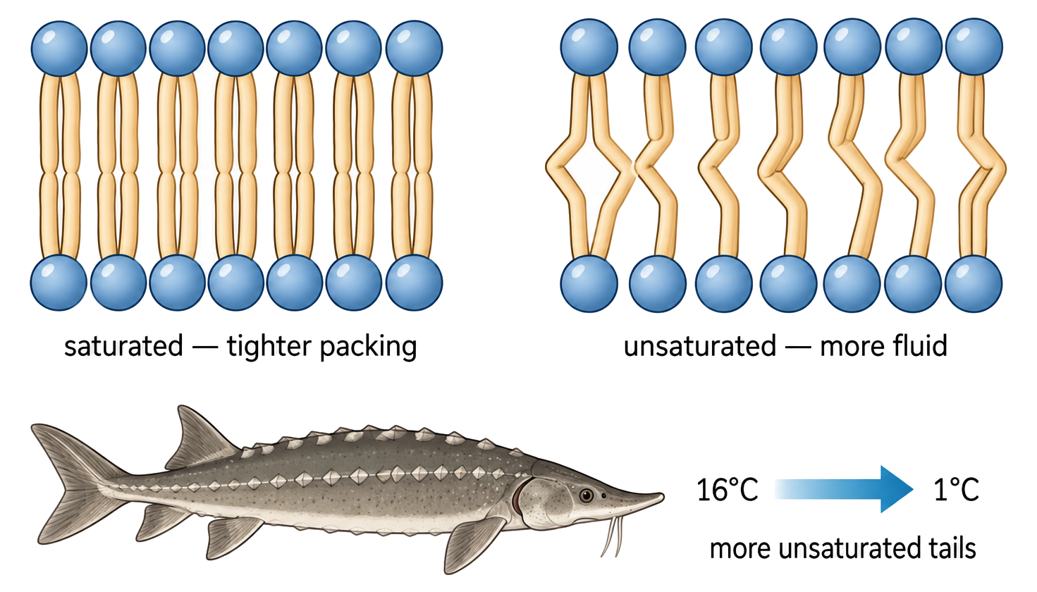 Comparison of saturated and unsaturated phospholipid tails, with tight packing versus kinked spacing and a note about homeoviscous adaptation in lake sturgeon.