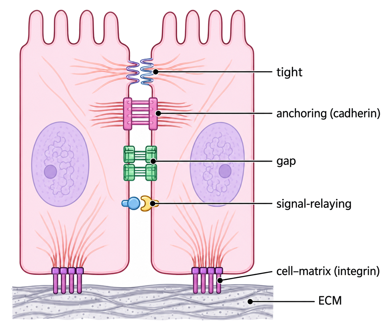 Neighbouring animal cells and extracellular matrix with cadherin-based cell-cell junctions, integrin-based cell-matrix junctions, and callouts for tight, anchoring, gap, and signal-relaying junctions.