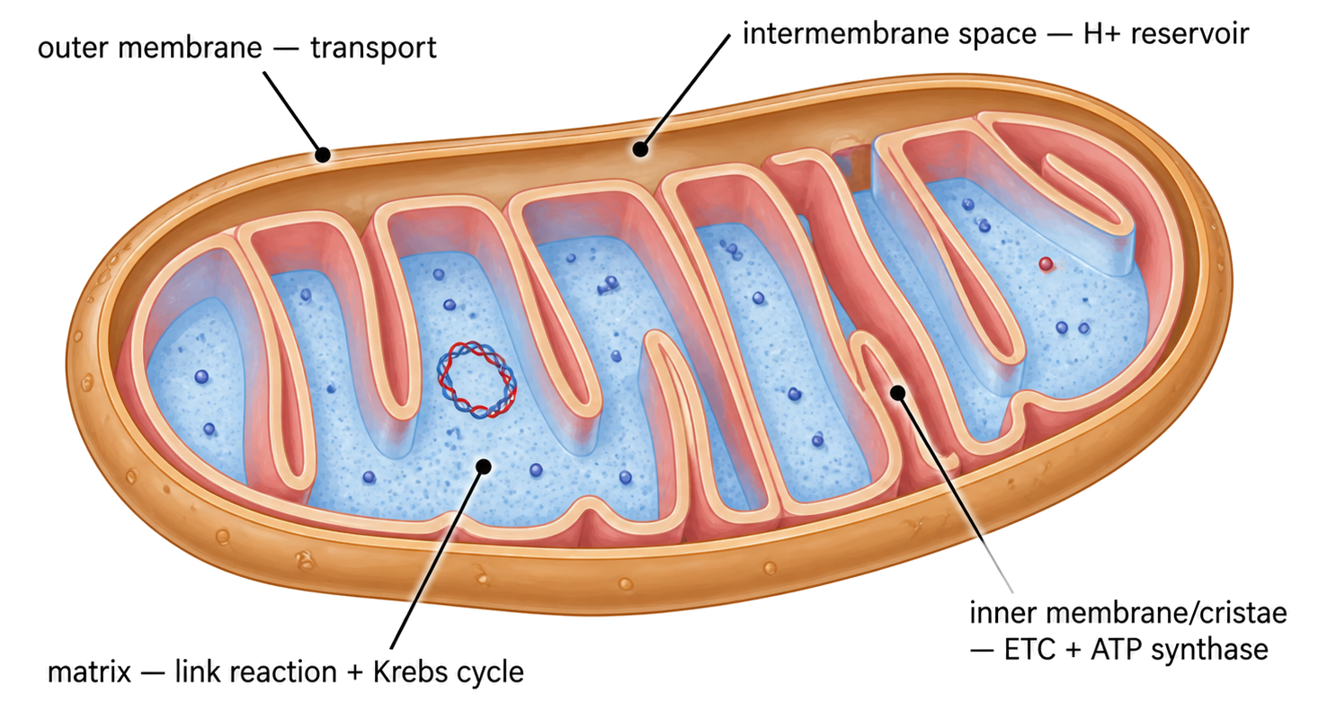 Annotated mitochondrion showing outer membrane, inner membrane folded into cristae, intermembrane space, and matrix with location-linked functions.