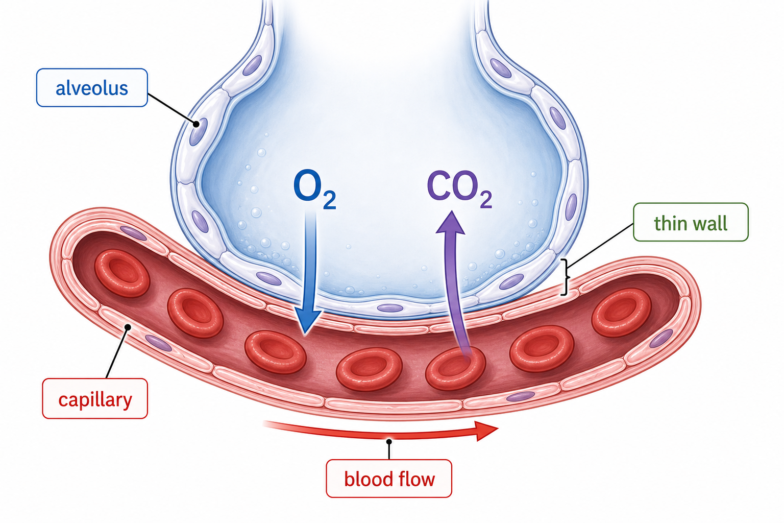 Mobile-friendly annotated alveolus-capillary diagram showing a thin moist permeable exchange surface, large combined area, short diffusion path, and opposite directions of oxygen and carbon dioxide diffusion.