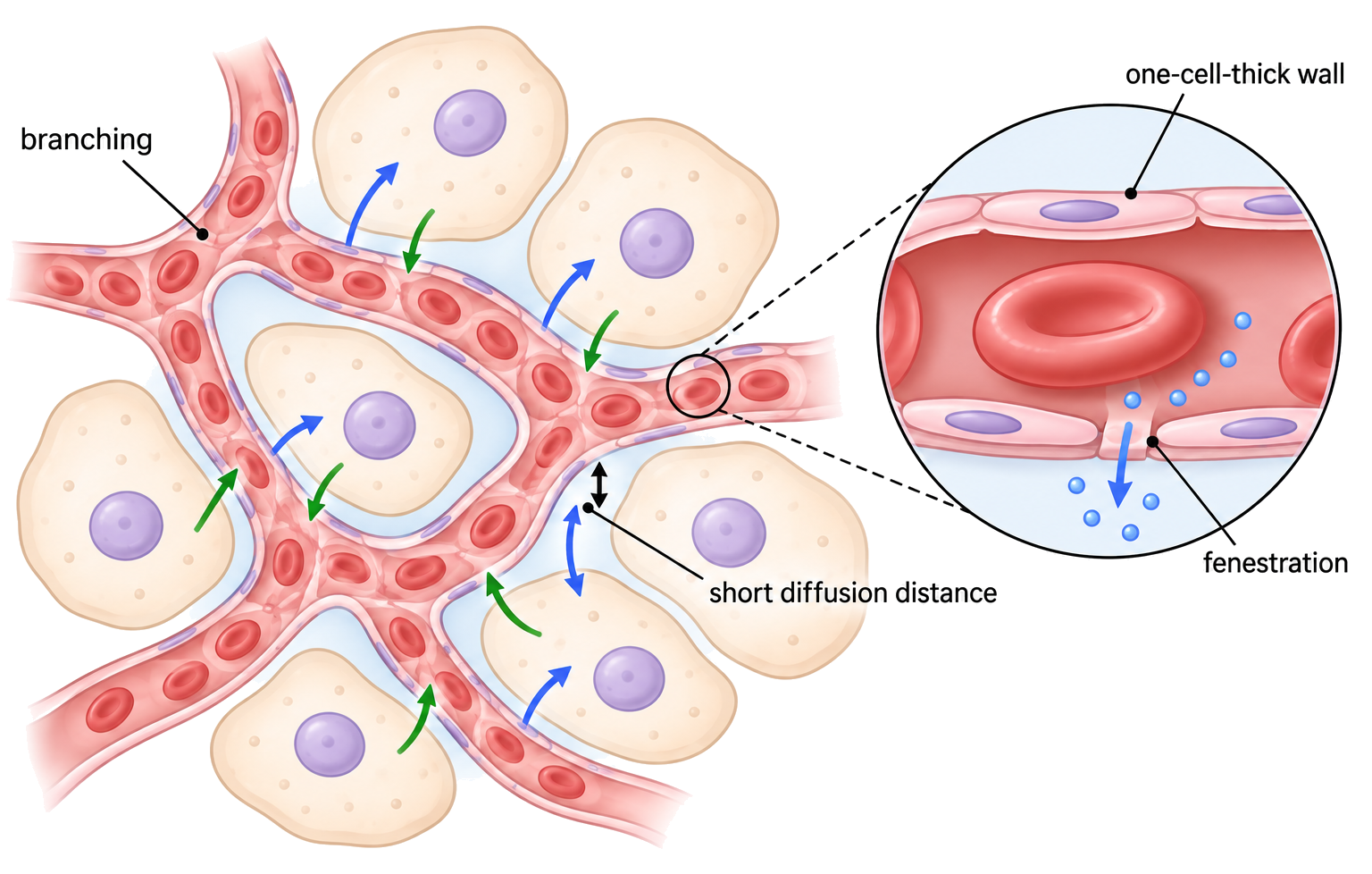 Simple capillary bed beside body cells, showing branching, single-cell wall, and one fenestration allowing plasma to leave.