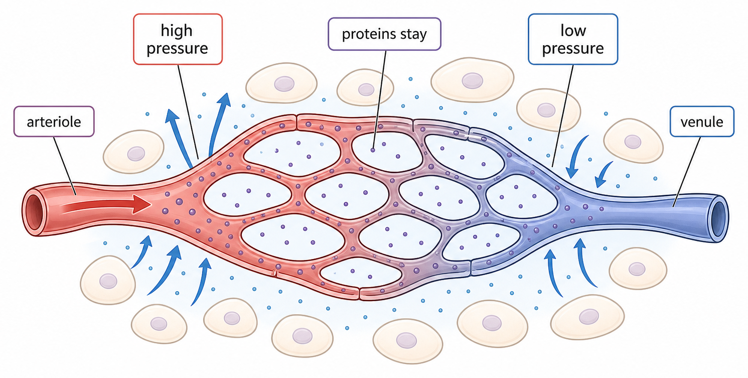 Single capillary diagram labelled with higher hydrostatic pressure at the arteriole end, lower pressure at the venule end, plasma proteins retained in blood, fluid leaving and then re-entering.