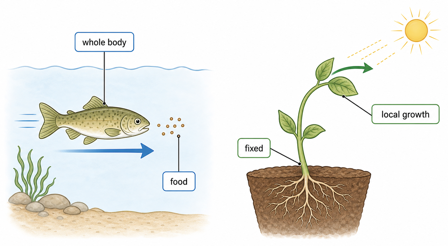 A side-by-side visual showing a motile animal moving its whole body and a sessile organism still showing local movement or growth toward a stimulus.
