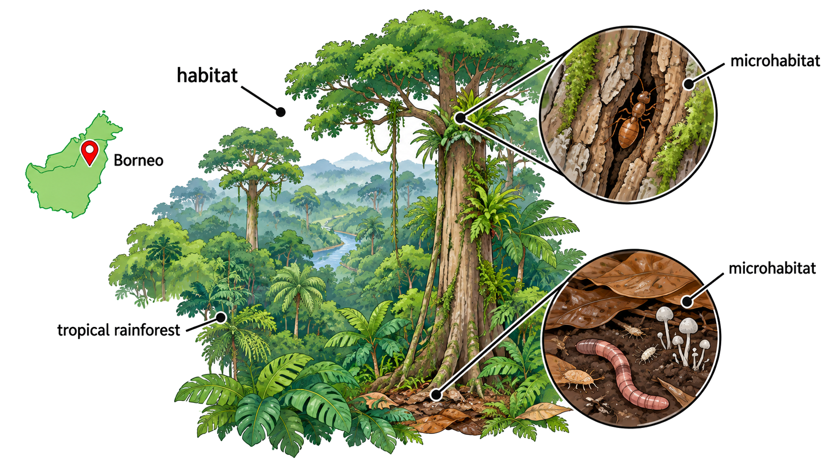 Static ecosystem scene showing one broad habitat and two microhabitats within it, such as bark crevices and damp soil beneath leaf litter, with labels for geographic location, physical position, and ecosystem type.