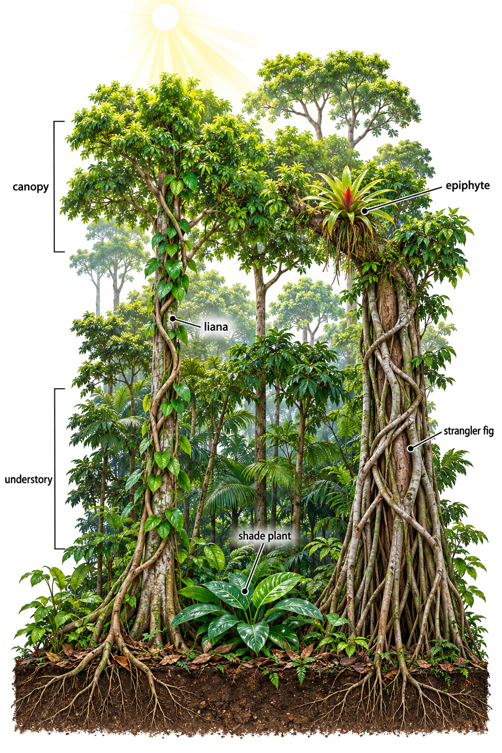 Forest cross-section showing canopy trees, lianas, epiphytes, a strangler fig and shade plants at different heights.