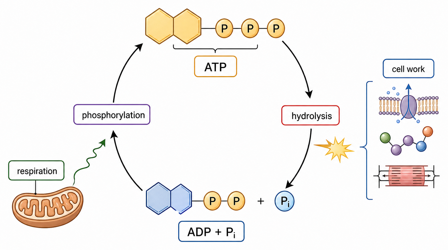 ATP hydrolysis/phosphorylation cycle with examples of cell work.