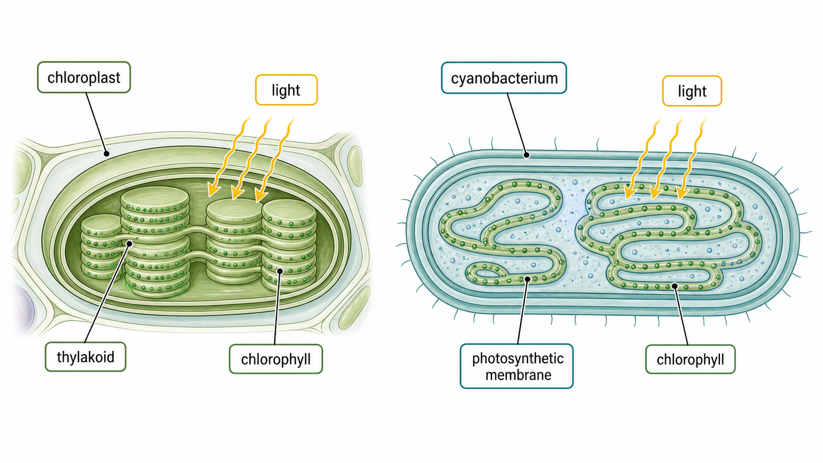 Chlorophyll-containing thylakoids in a plant chloroplast and photosynthetic membranes in a cyanobacterium absorb light.