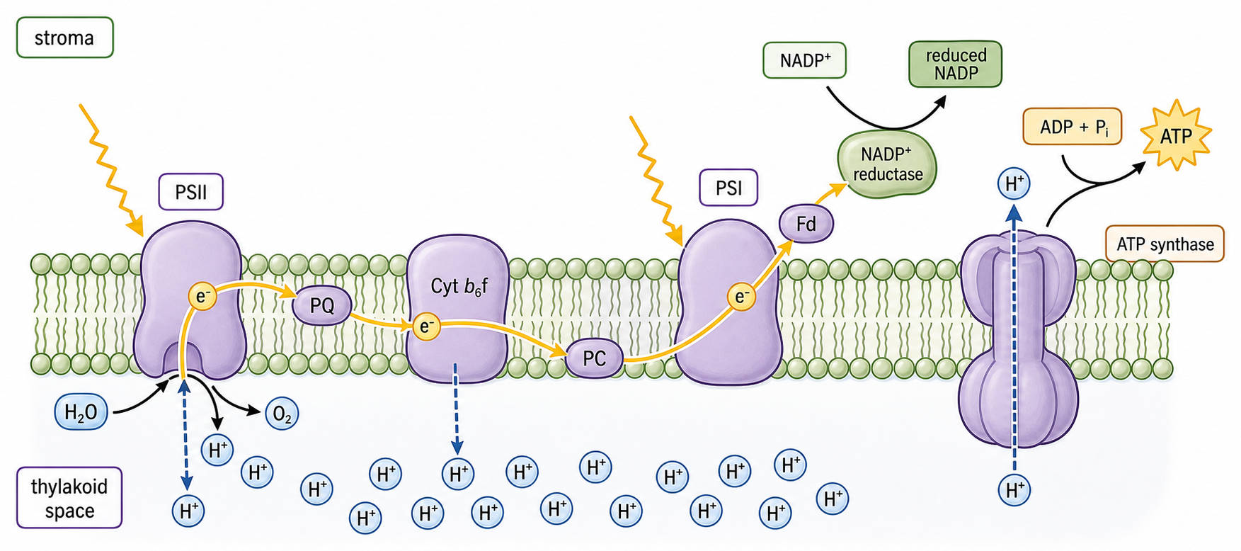 Labelled thylakoid membrane cross-section showing PSII, electron carriers, PSI, ATP synthase, proton accumulation in the thylakoid space, and ATP/reduced NADP on the stromal side.