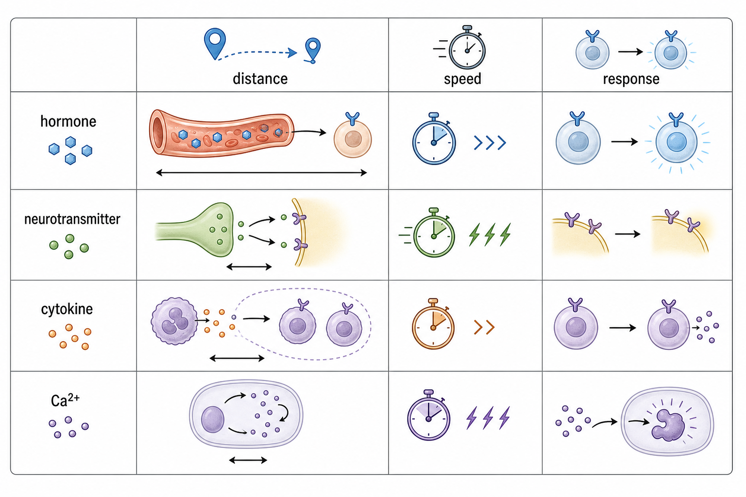 Compact comparison table showing hormones, neurotransmitters, cytokines, and Ca2+ ions across rows and source, distance, speed, and target-cell response across columns, with side labels for hormone classes and neurotransmitter classes.