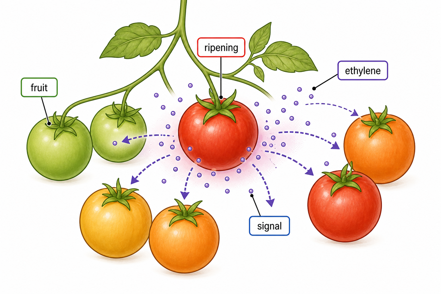 A ripening fruit releases gaseous ethylene that reaches neighbouring fruit and promotes their ripening.