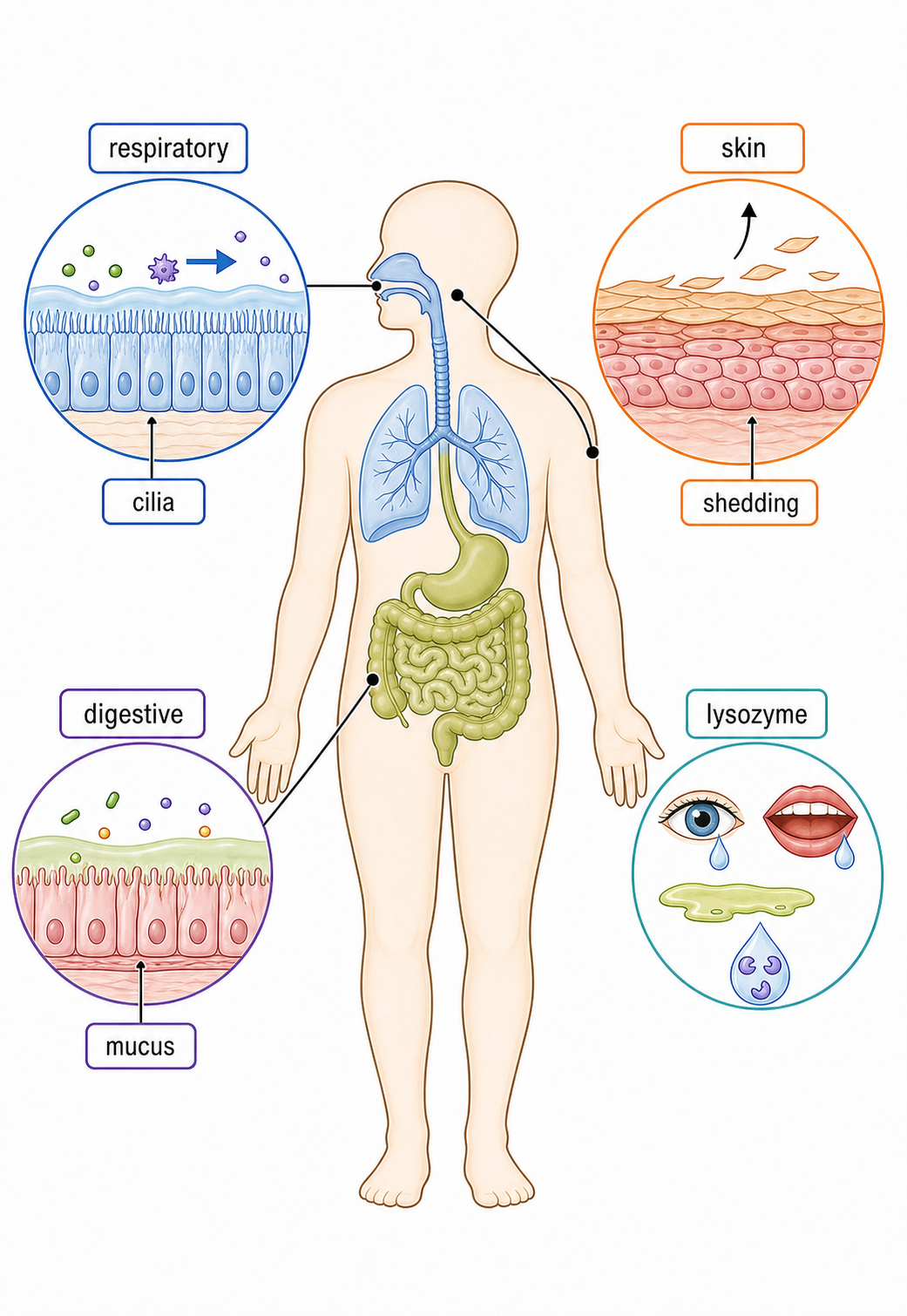 Body map showing skin and the mucous membranes of the respiratory and digestive systems, with shedding, lysozyme, mucus and cilia.