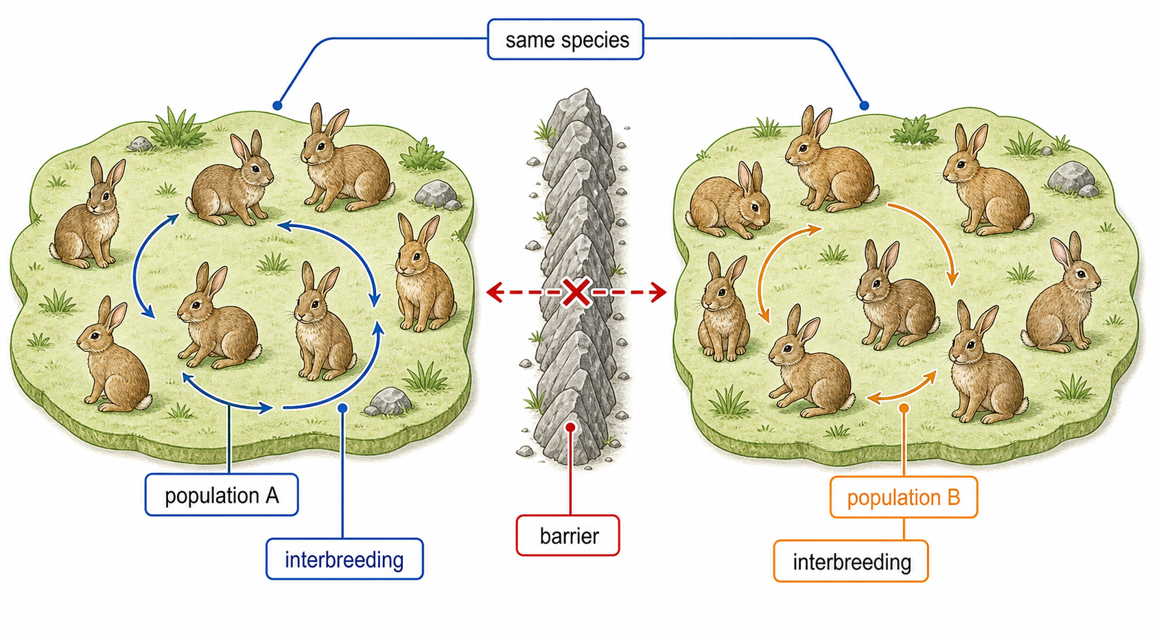 Two groups of the same rabbit species interbreed within each group but are separated from one another by a geographic barrier.