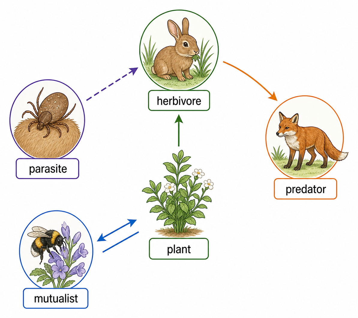 Plant, herbivore, predator, parasite and mutualist populations are connected in a simple community interaction network.