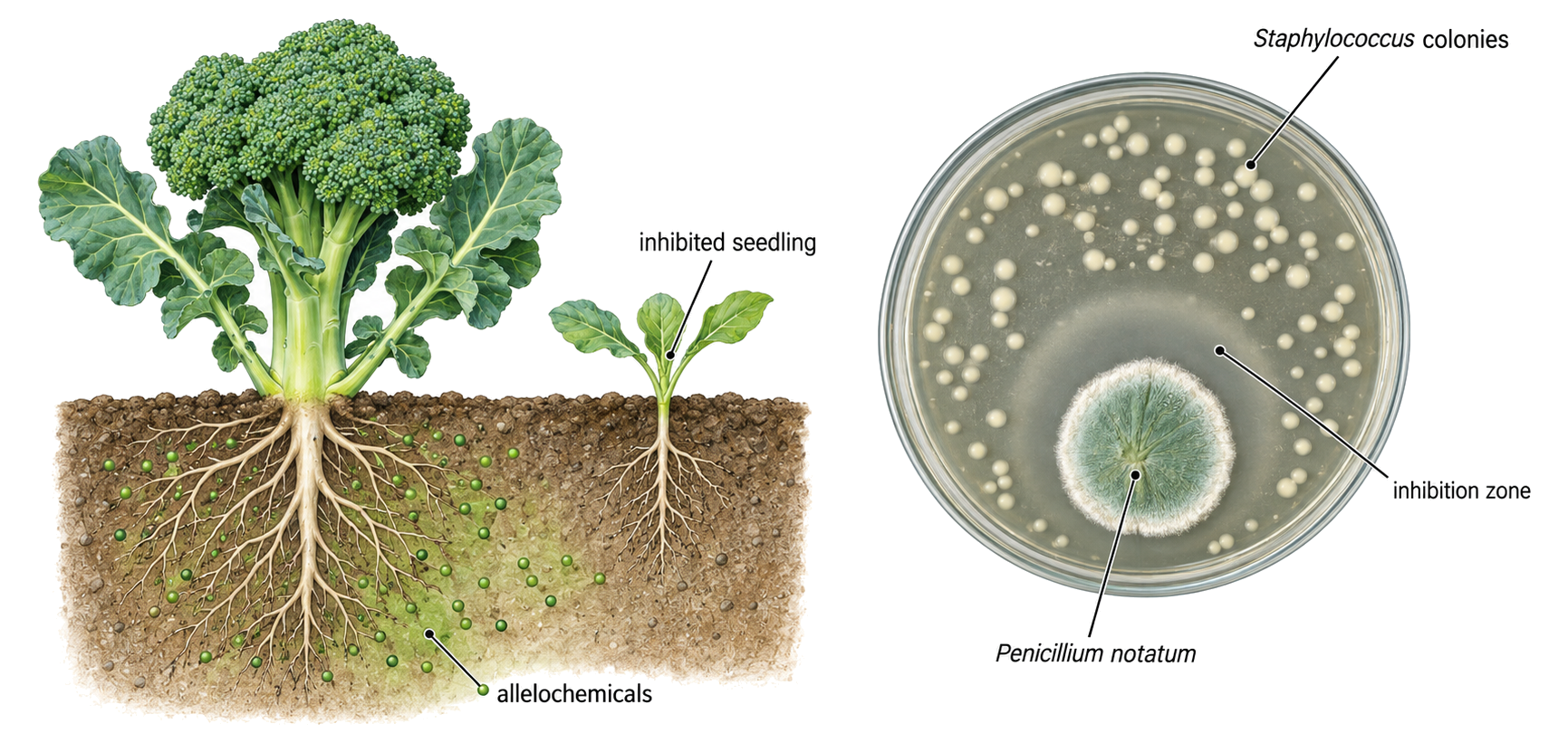 Broccoli roots release allelochemicals that inhibit a nearby seedling, while Penicillium produces a clear inhibition zone among Staphylococcus colonies.