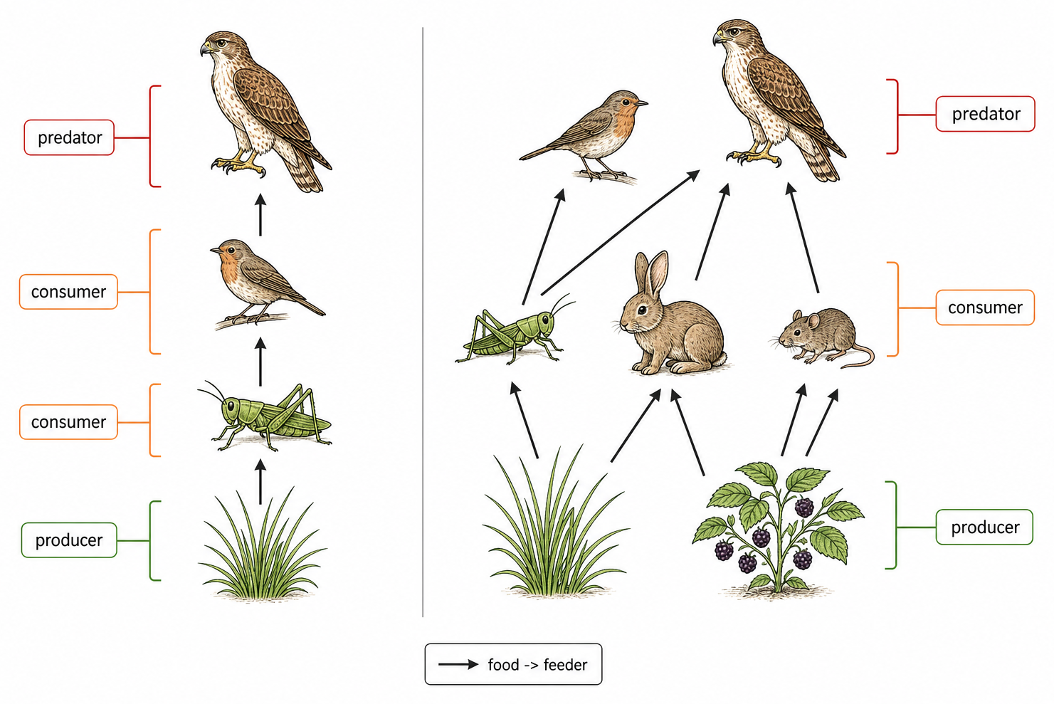 A food chain and food web use arrows from each food organism toward the organism that consumes it.