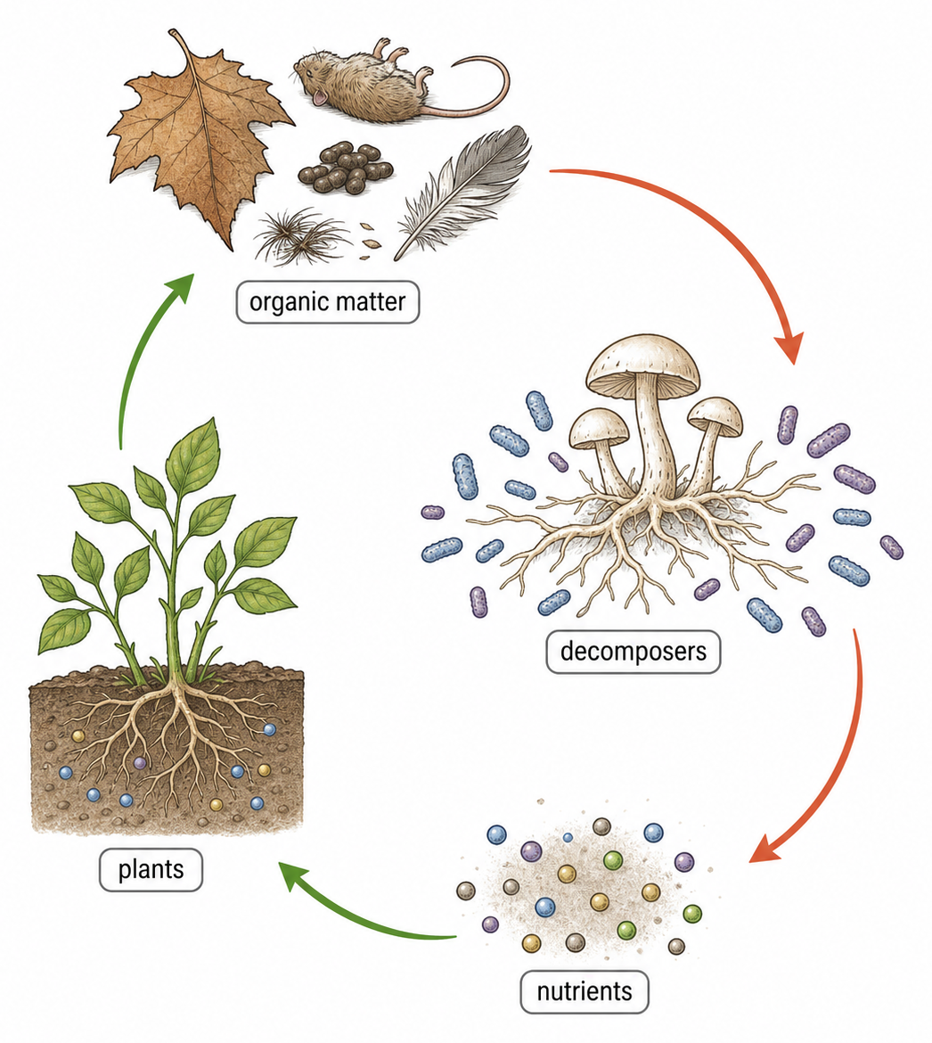 Dead material and waste pass to decomposers, which release inorganic nutrients that producers can absorb again.