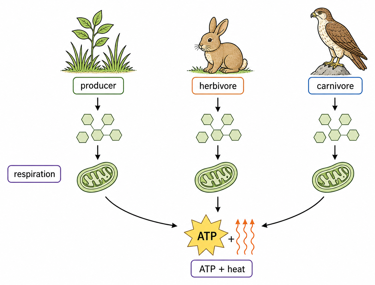 A producer, herbivore and carnivore each oxidize carbon compounds in cell respiration, transferring energy to ATP and heat.