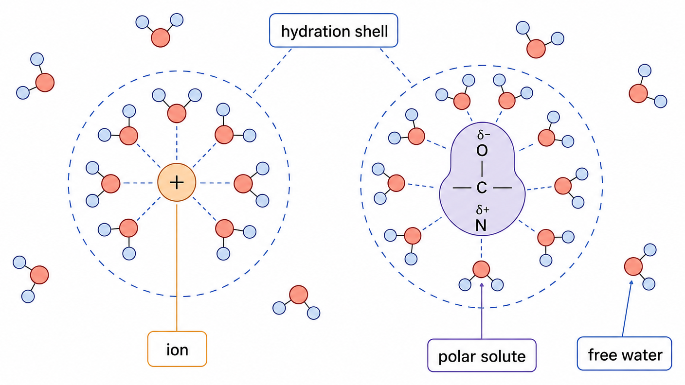 Polar water molecules orient around an ion and a polar solute to form hydration shells.
