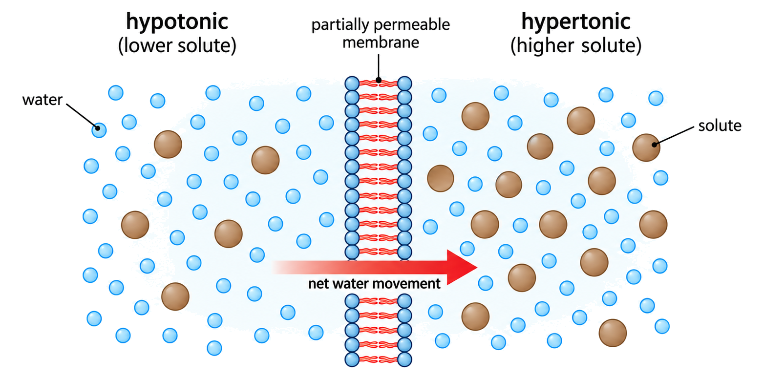 Water crosses a partially permeable membrane from a hypotonic solution toward a hypertonic solution.