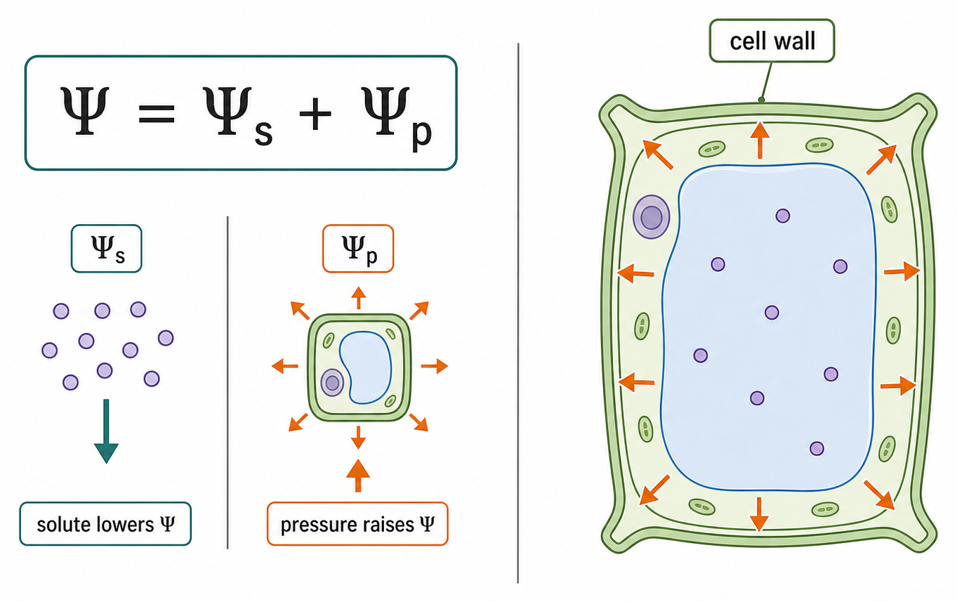 The water-potential equation is paired with solute lowering potential and wall pressure raising potential in a plant cell.