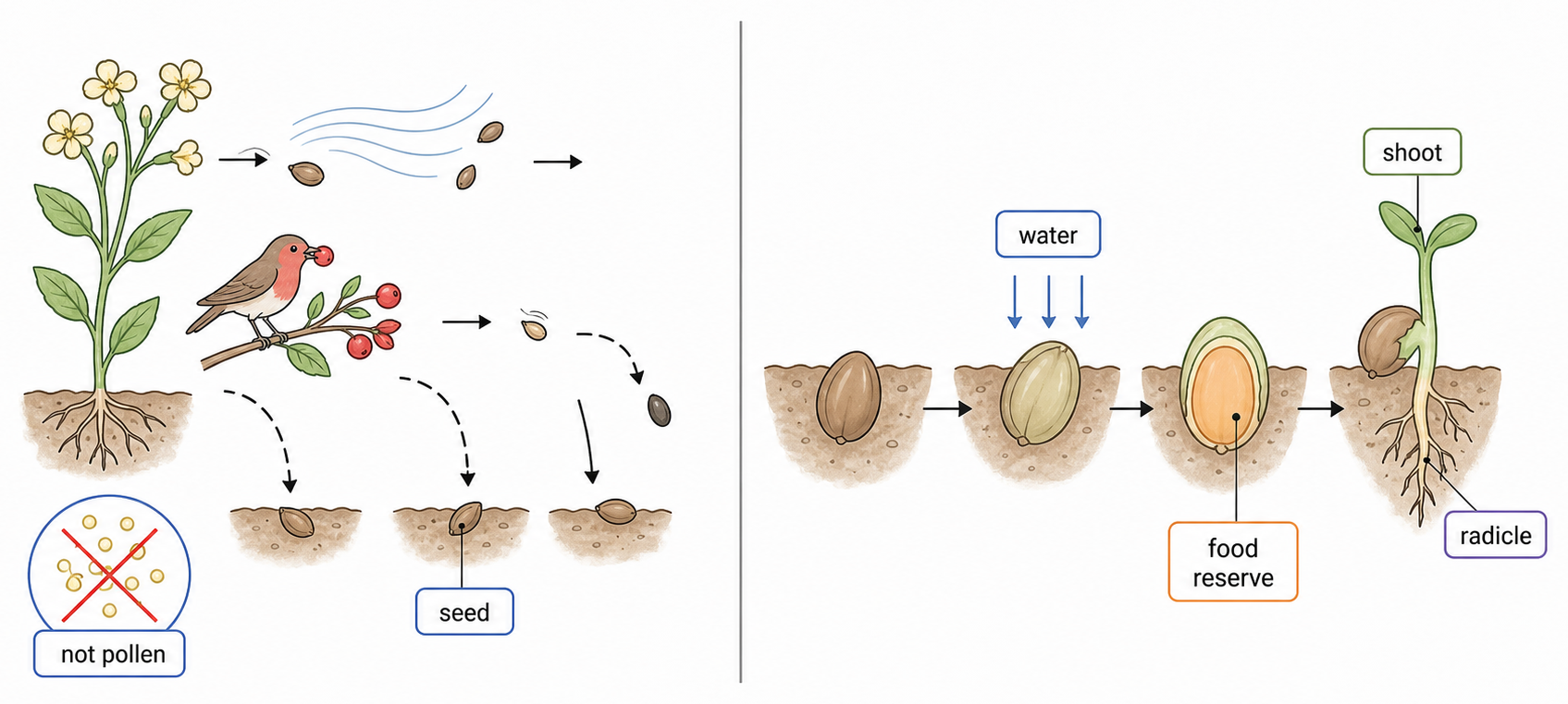 Seeds move away from a parent plant and later take up water, mobilize food reserves and emerge as seedlings.