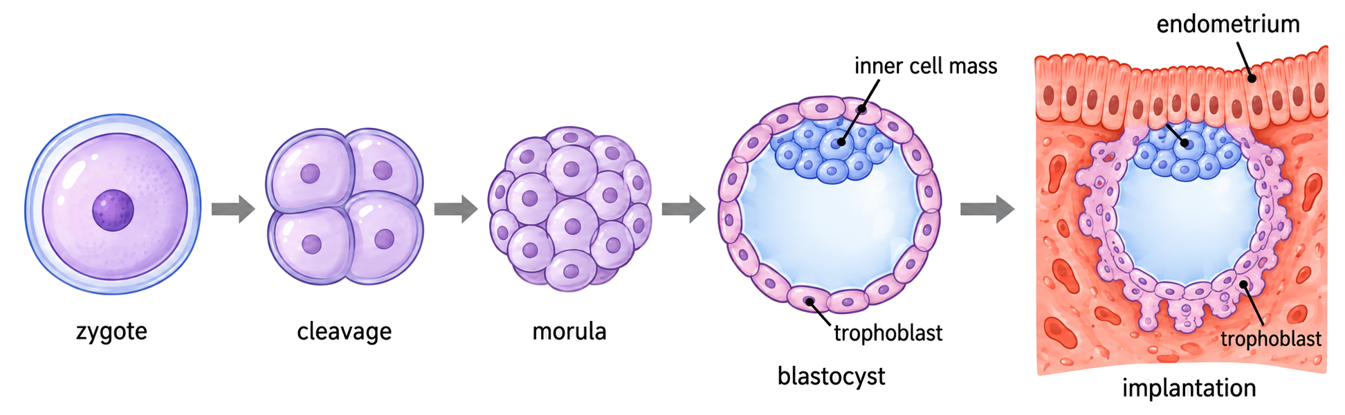 A zygote divides through cleavage and morula stages to a blastocyst with inner cell mass and outer trophoblast before implantation.