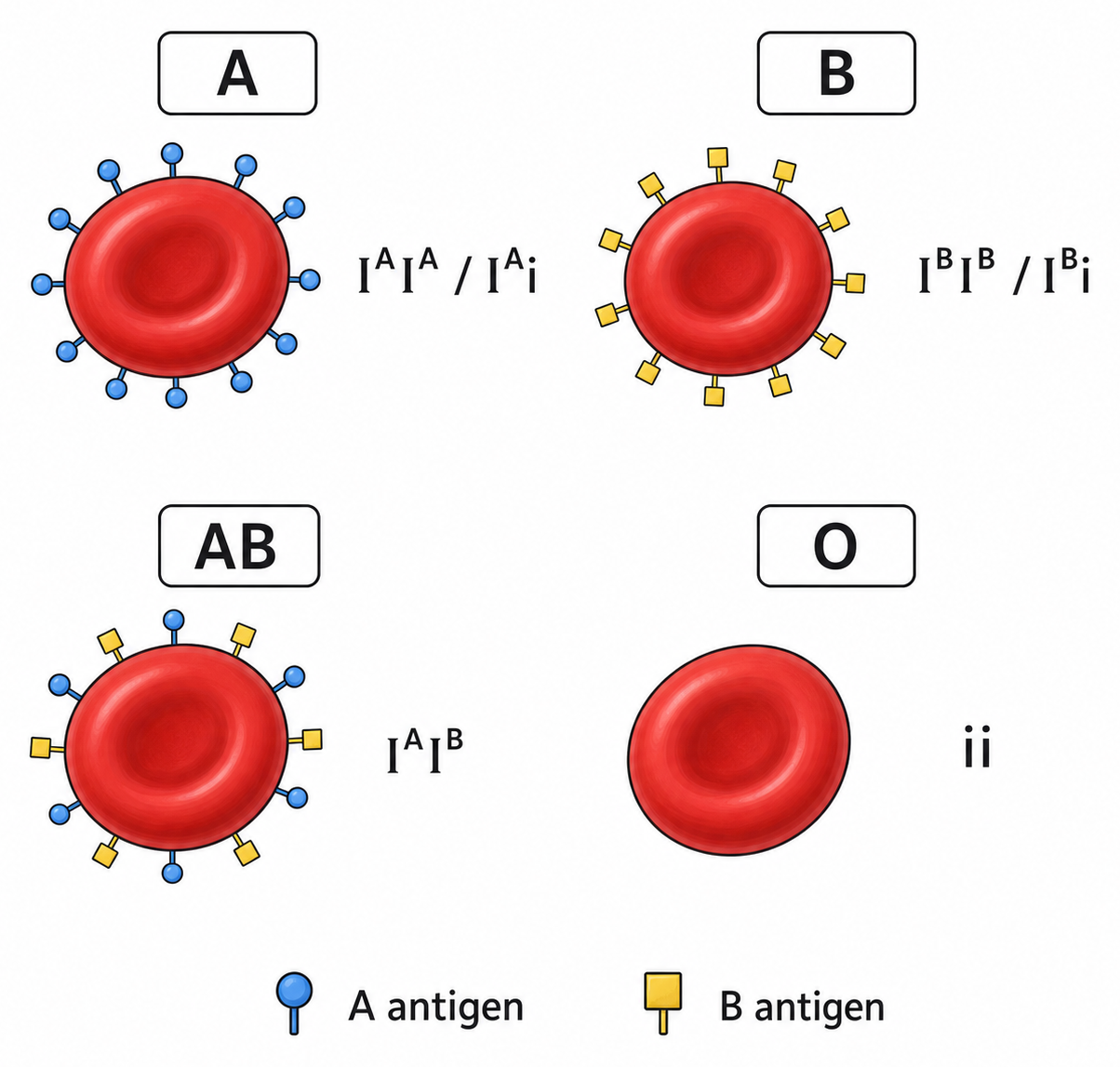 Red blood cells show A antigen for blood group A, B antigen for group B, both antigens for AB and neither antigen for O, alongside the corresponding ABO genotypes.