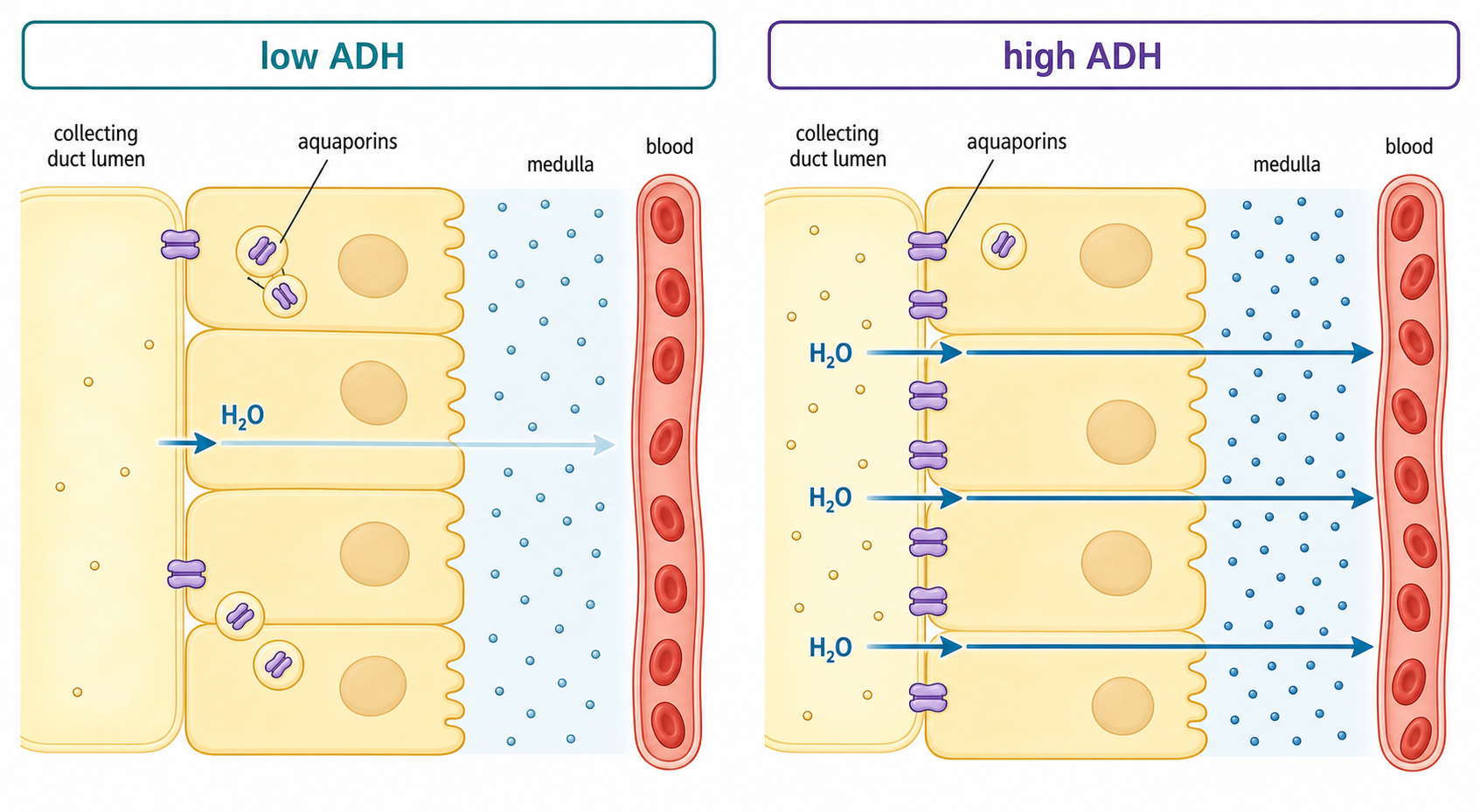 Low- and high-ADH collecting duct cells show aquaporins stored in vesicles or inserted into the apical membrane and the resulting difference in water movement.