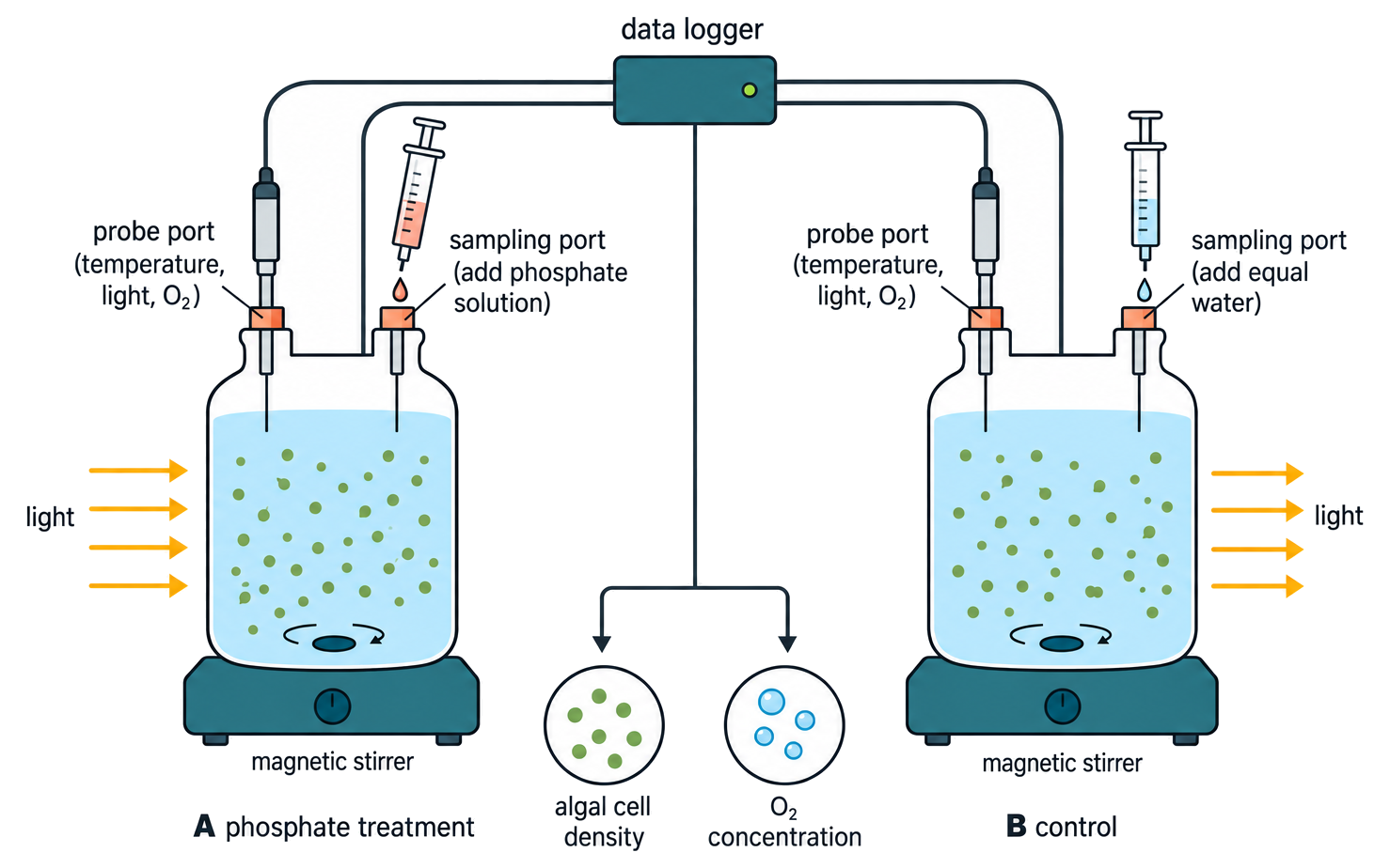 Matched phosphate-treatment and control mesocosms receive equal light and stirring; only the treatment receives phosphate while algal cell density and oxygen concentration are logged.