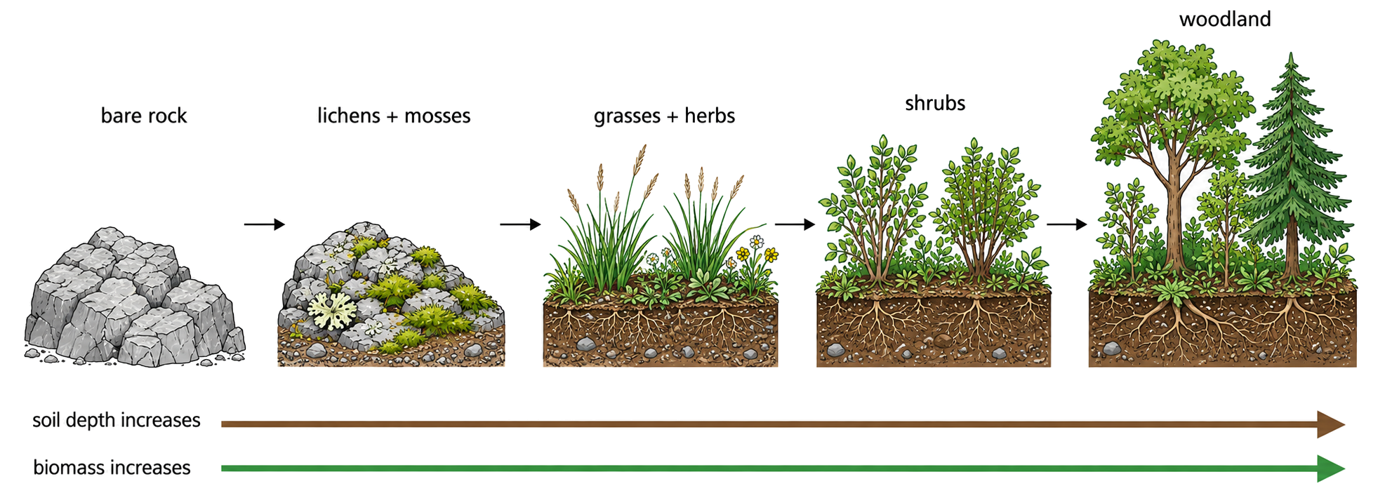 A dry-land primary-succession sequence progresses from bare rock to lichens and mosses, grasses and herbs, shrubs and woodland while soil depth and biomass increase.