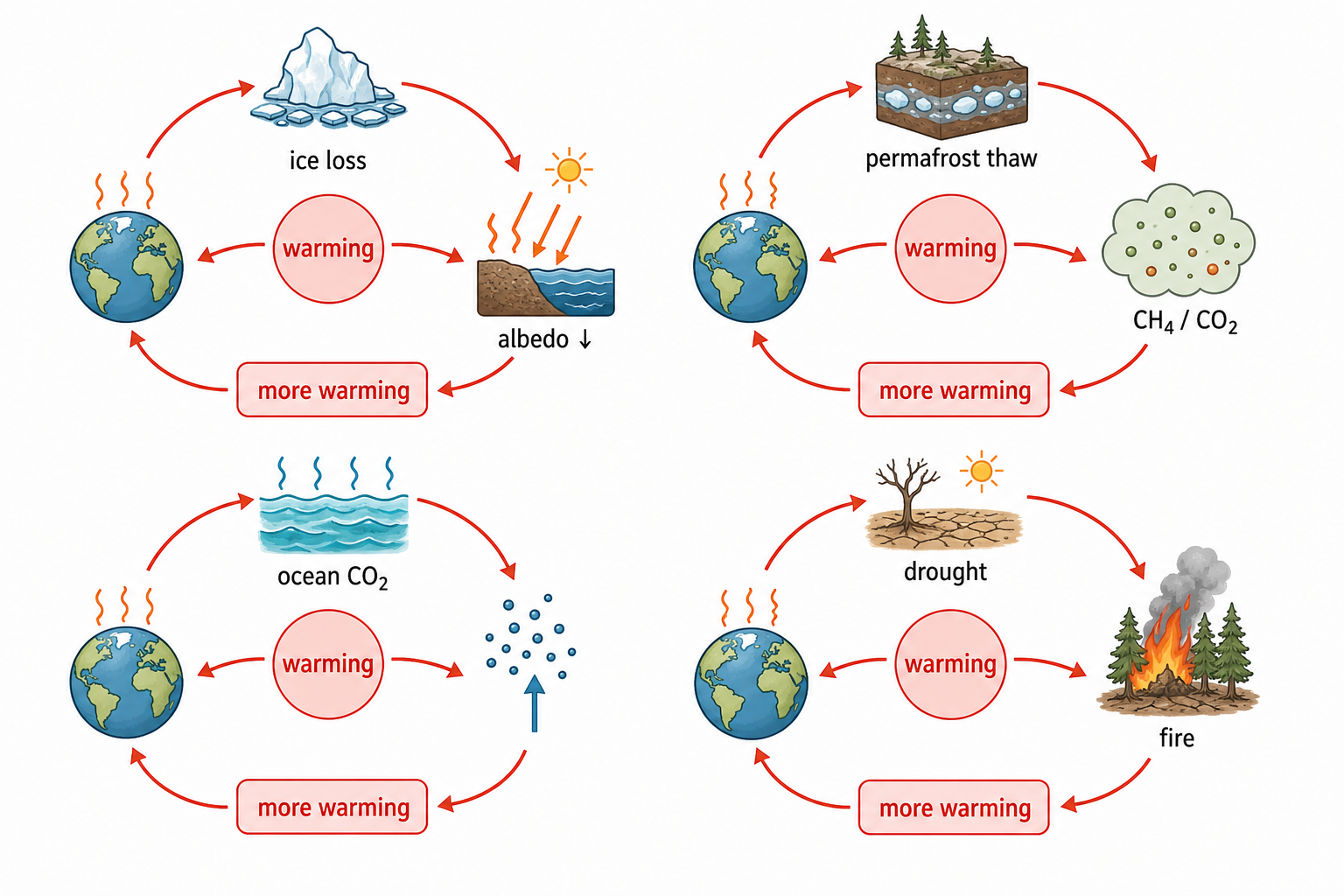 Four circular pathways connect warming to more warming through ice loss and lower albedo, permafrost thaw and greenhouse-gas release, reduced ocean carbon retention, and drought with wildfire.