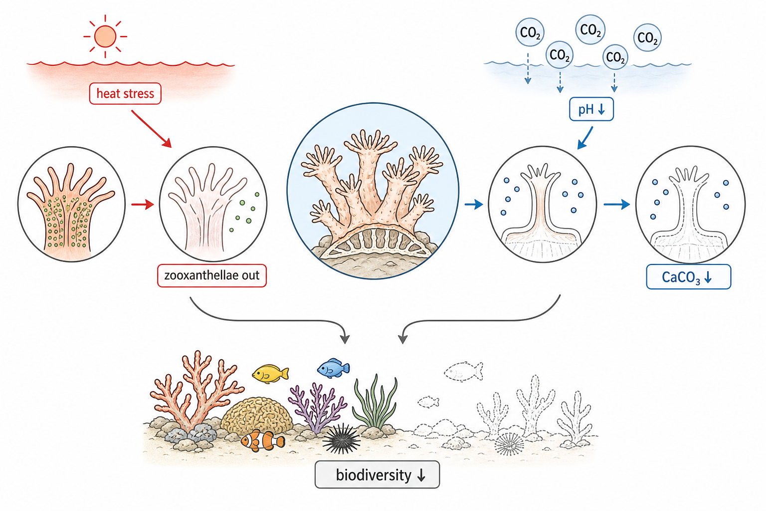 Two pathways show heat stress expelling zooxanthellae and dissolved CO₂ lowering pH and calcium carbonate formation; both converge on degraded reef structure and lower biodiversity.