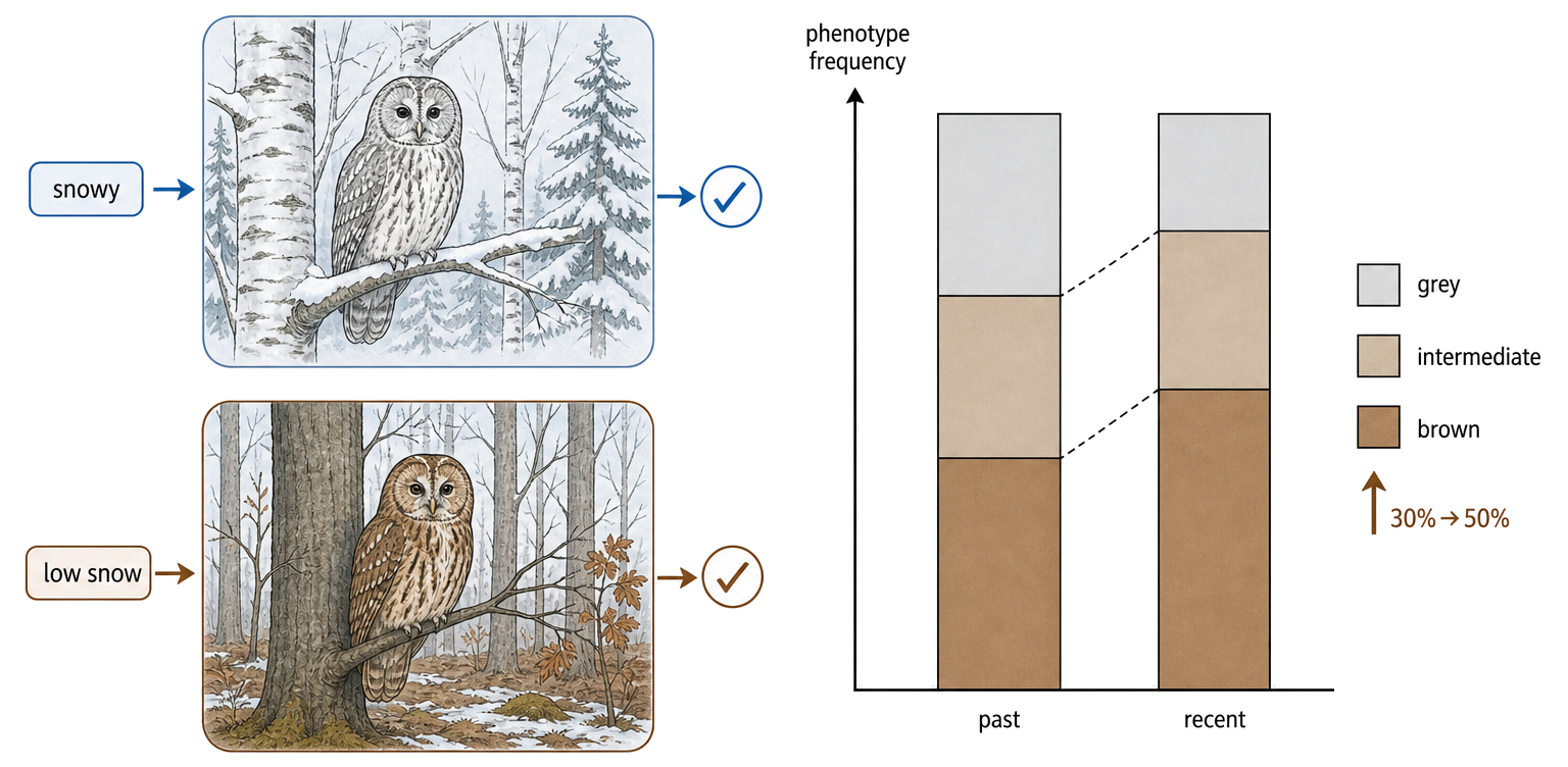 Snowy habitat favours grey tawny-owl camouflage, low-snow forest favours brown camouflage, and frequency bars show the brown phenotype increasing from about 30% to 50%.