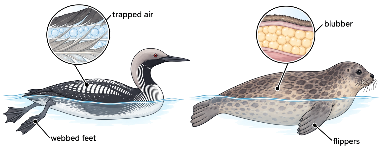 A black-throated loon and ringed seal with labels for webbed feet, flippers, trapped air and blubber.