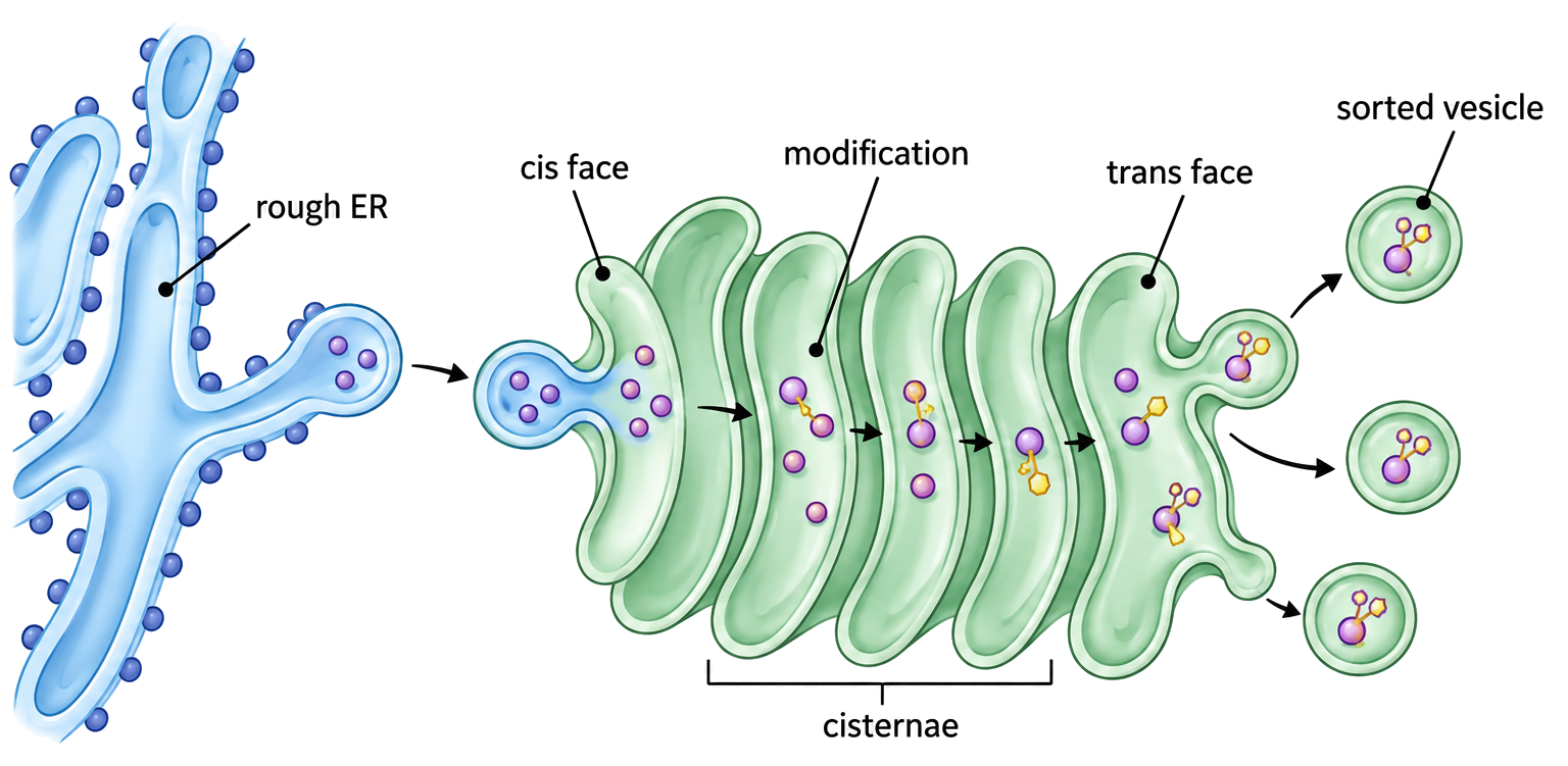 RER vesicle arrives at cis Golgi, proteins modified through cisternae, sorted at trans face, vesicle leaves to target.