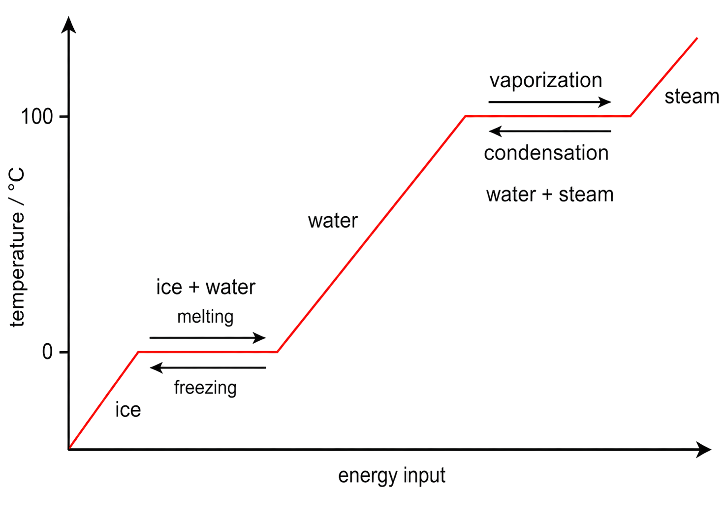 A heating curve rises within each state and stays flat during melting and boiling while added energy changes particle arrangement.