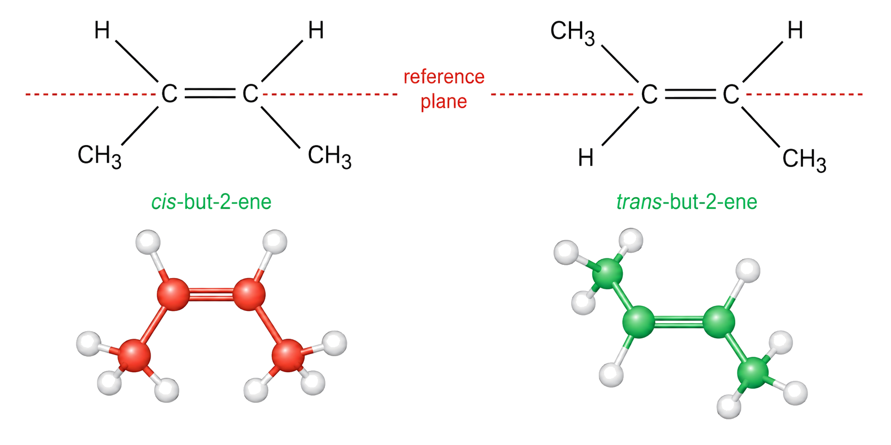 both structures are C4H8 with unchanged C=C connectivity; cis methyl groups are on the same side of the reference plane; trans methyl groups are on opposite sides; each ball-and-stick model contains four carbons and eight hydrogens.