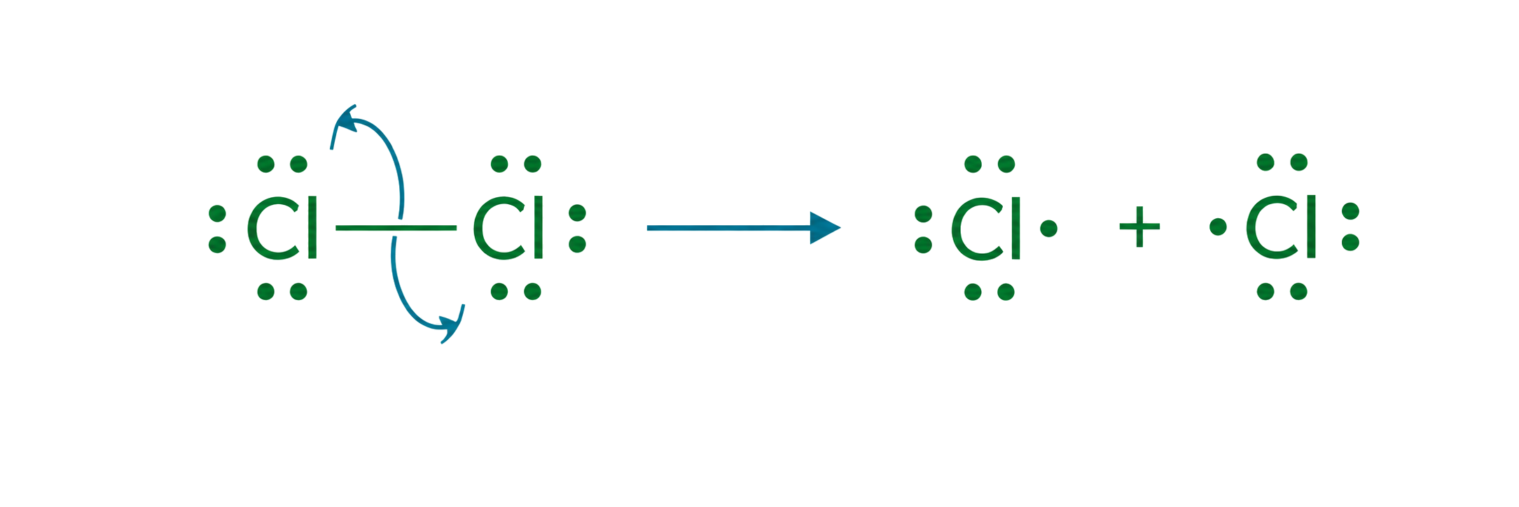 Cl2 homolysis is shown with two single-electron fish-hook arrows; each reactant chlorine has three lone pairs; each product chlorine has three lone pairs and one unpaired electron; no formal charge is introduced.