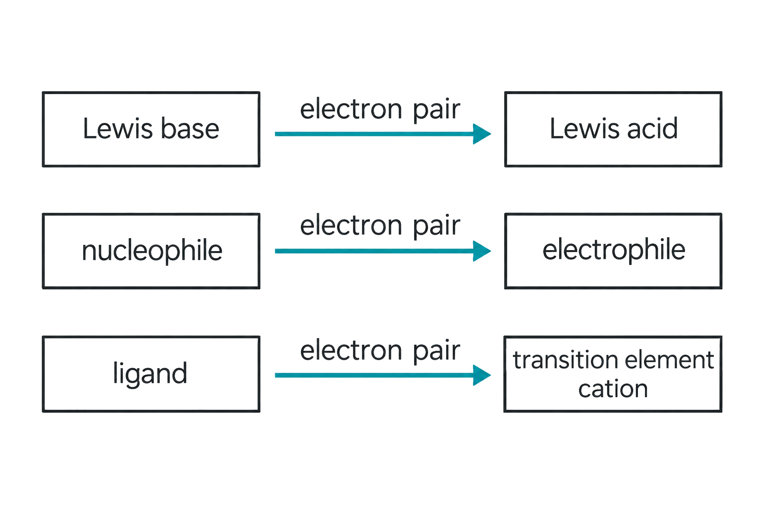 Lewis base donates an electron pair to Lewis acid; nucleophile donates an electron pair to electrophile; ligand donates an electron pair to transition element cation; all three arrows run from donor on the left to acceptor on the right.