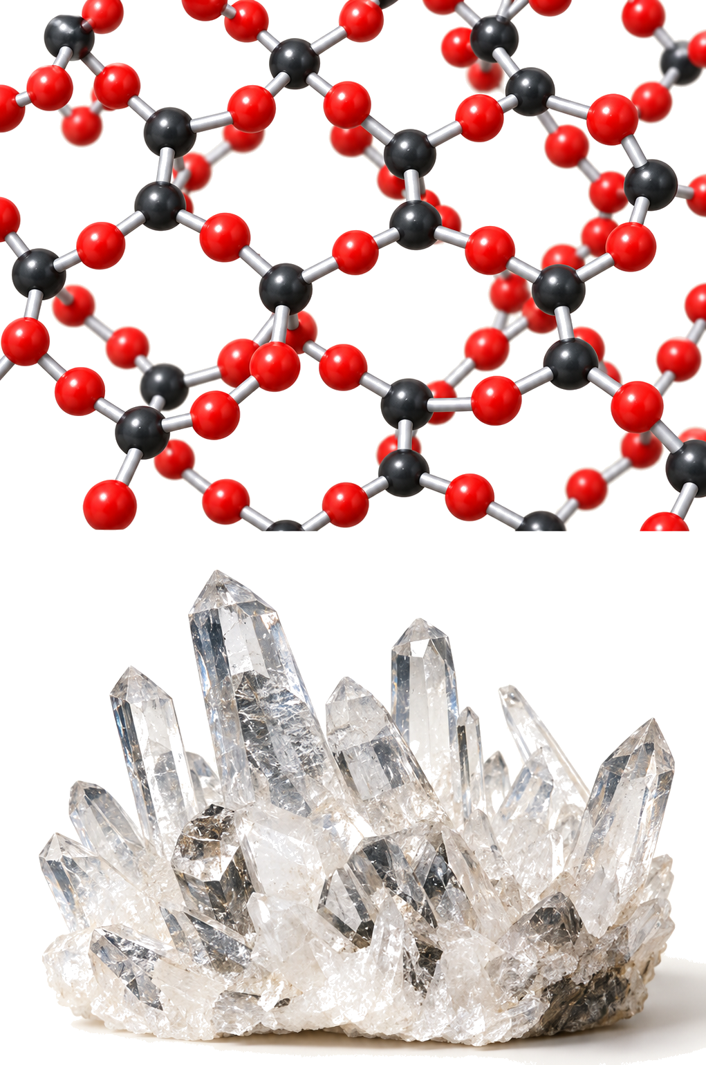 the upper panel shows a continuous Si-O network rather than discrete SiO2 molecules; silicon centres are tetrahedrally coordinated and oxygen atoms bridge silicon centres; the lower panel shows colourless quartz crystals; the unrelated iron-disulfide photograph mentioned by the textbook is excluded.